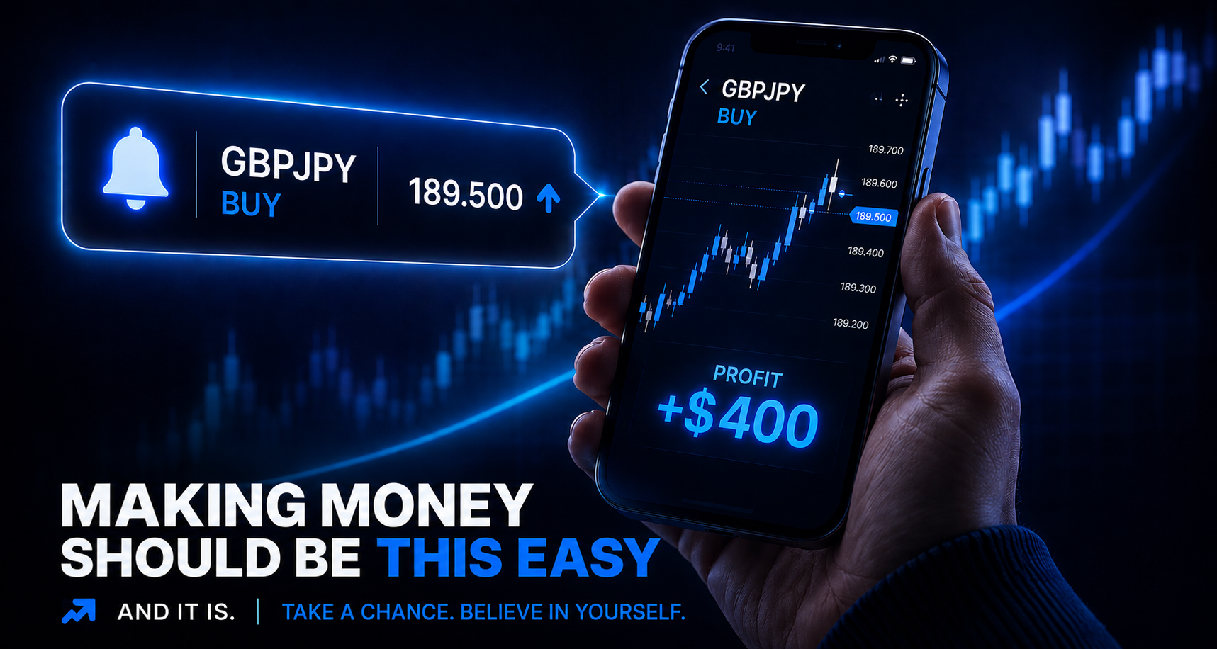 GBPJPY buy signal showing a live profit on a phone